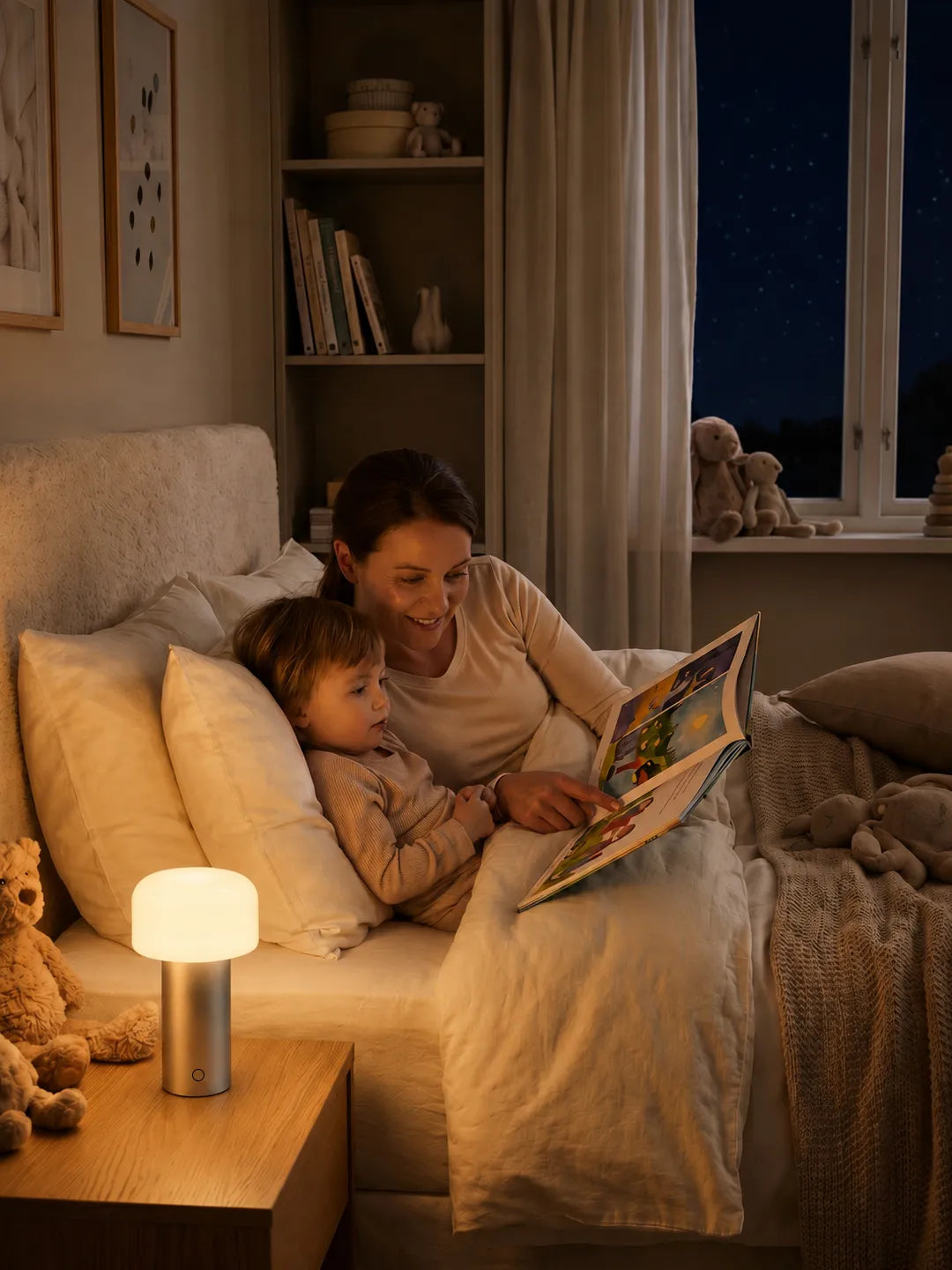 Hooled Vesper Metal Tischleuchte spendet warmes Licht beim Vorlesen am Bett