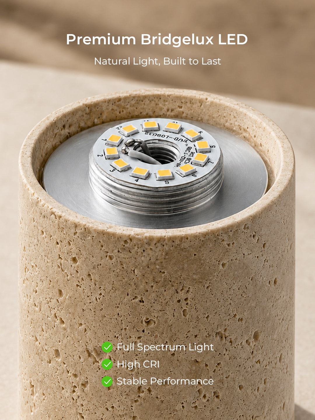 Vesper Travertin LED Tischlampe mit Bridgelux Vollspektrum LED Technologie und natürlicher Farbwiedergabe