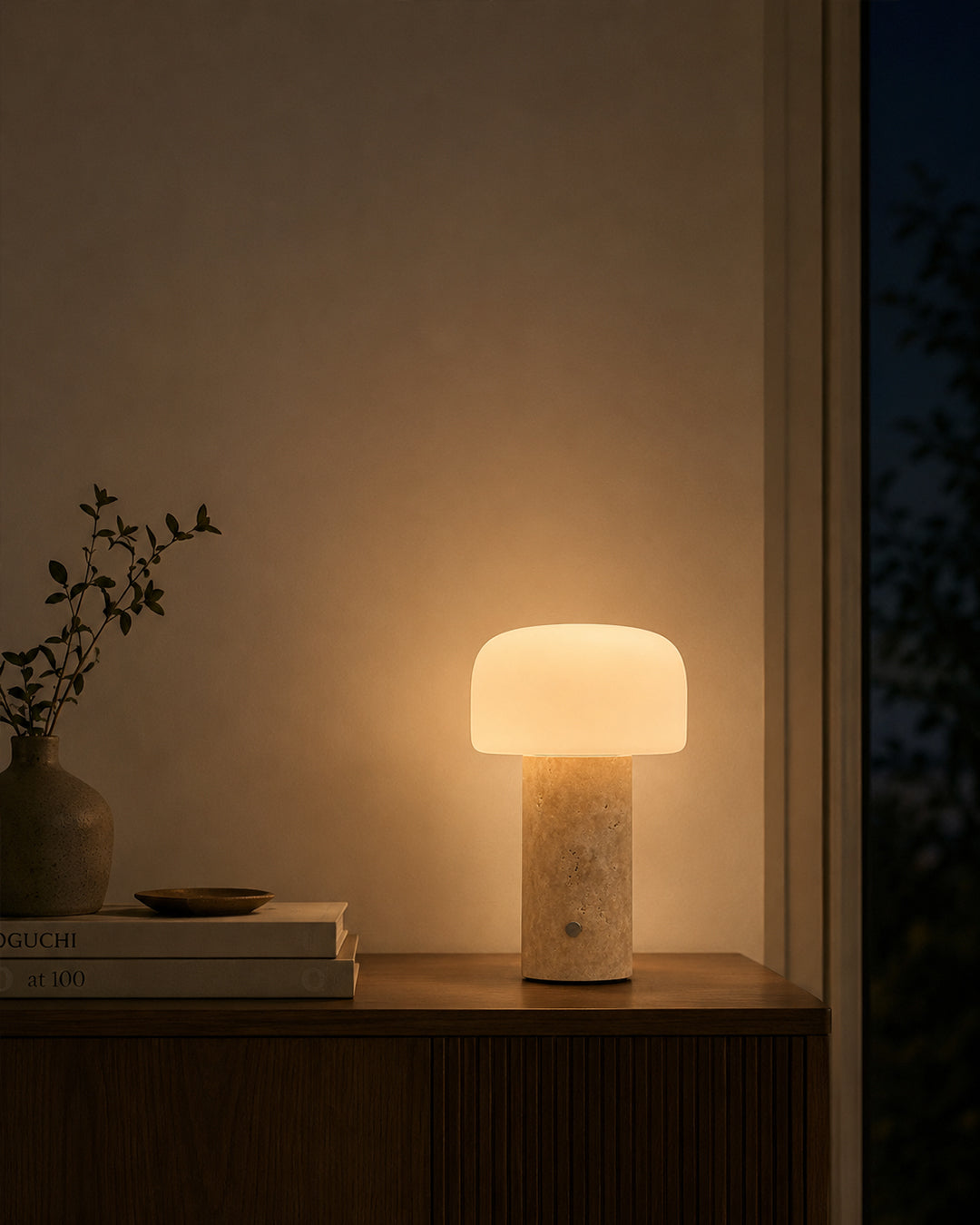 Hooled Vesper Stone Tischleuchte leuchtet auf einem Holz-Sideboard neben Sofa, Tasse und Büchern