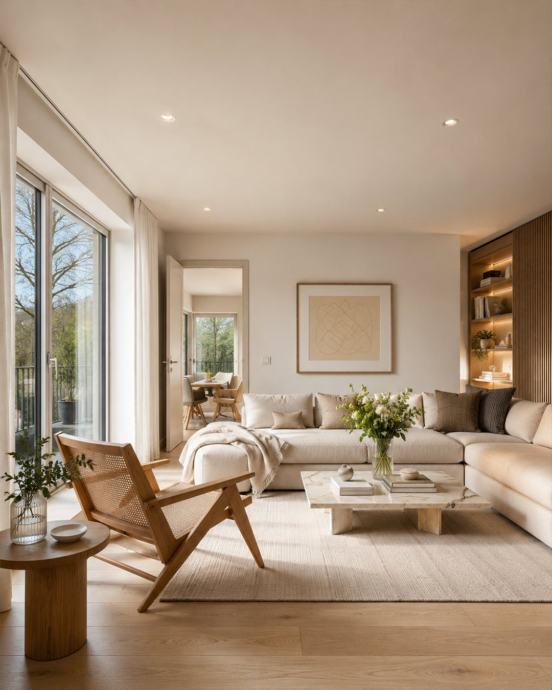 Modernes deutsches Wohnzimmer mit dezenten Hooled Calla LED-Einbaustrahlern, die Sofa, Wände und Laufweg mit warmweißem Licht beleuchten