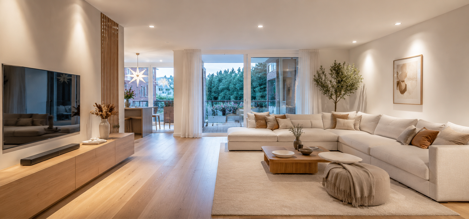 Modernes deutsches Wohnzimmer mit dezenten Hooled Calla LED-Einbaustrahlern, die Sofa, Wände und Laufweg mit warmweißem Licht beleuchten