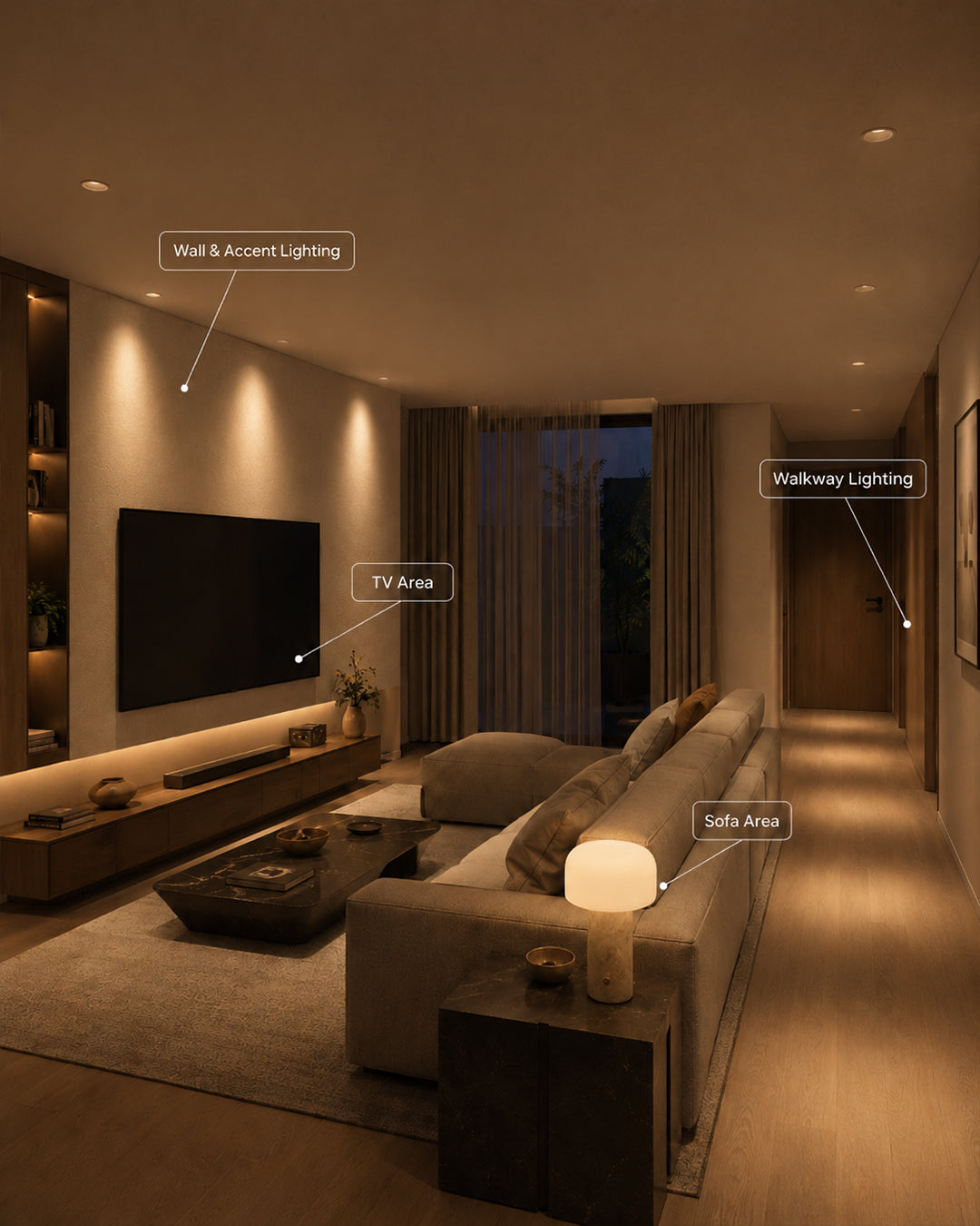 Grundriss eines Wohnzimmers mit Fernseher, Sofa, Vesper Tischleuchte, Calla Lichtpunkten und Wandbeleuchtung ohne direkte Ausrichtung auf den Bildschirm