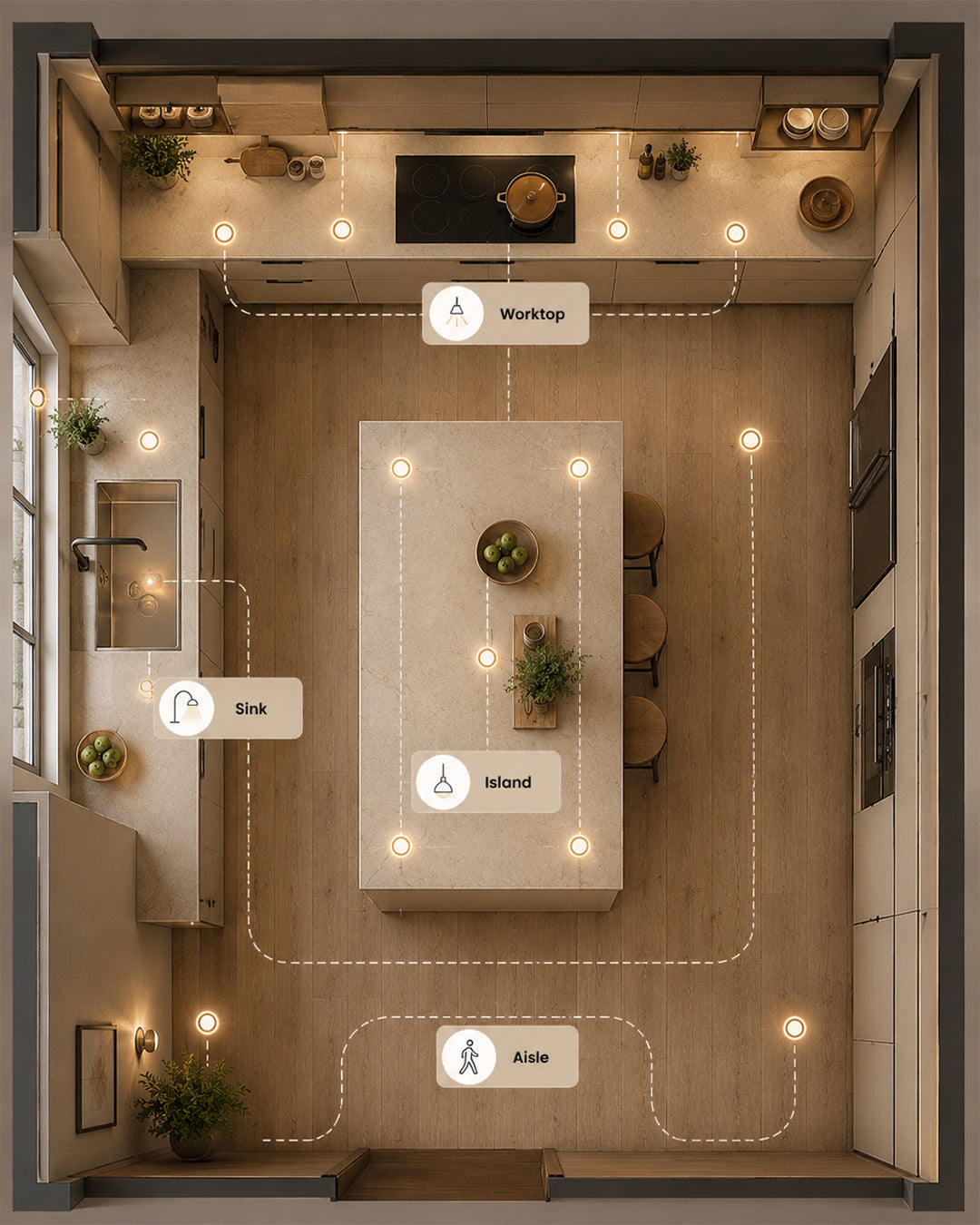 Küchen-Grundriss mit Arbeitsplatte, Spüle, Insel, Laufbereich und sinnvoll positionierten Lichtpunkten für verschiedene Arbeitszonen