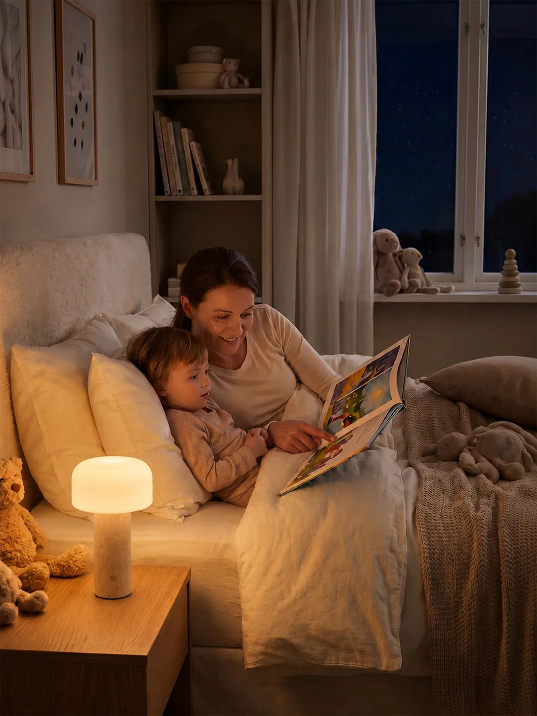 Hooled Vesper Stone Tischleuchte spendet warmes Licht beim Vorlesen am Bett